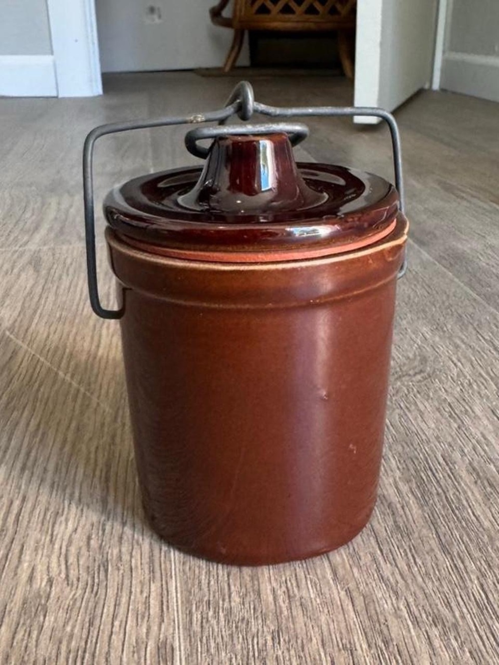 Vintage Brown Lidded Crock with Wire Bail